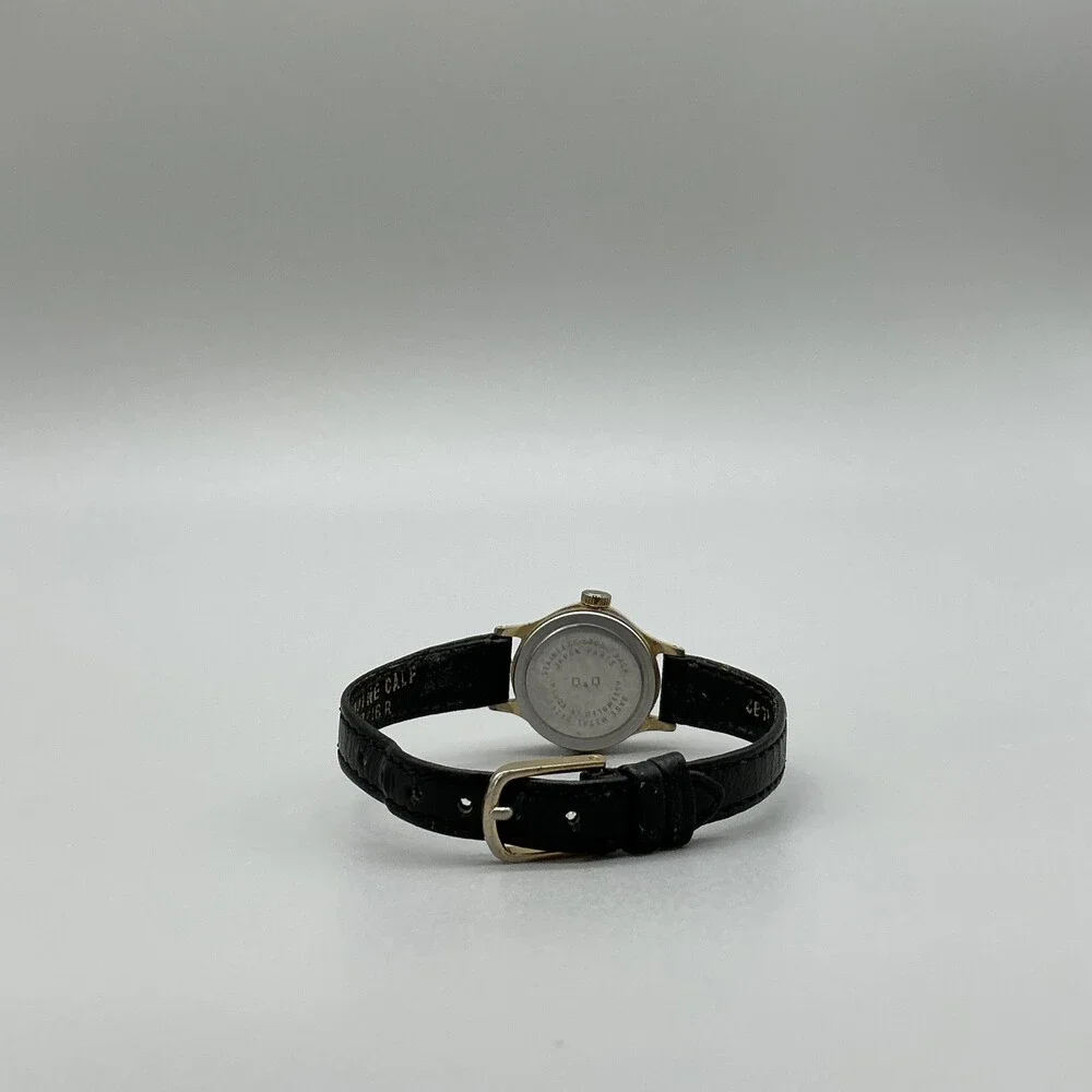 Vintage Q&Q Womens Watch 22mm Black Dial Gold Tone Manual Wind Leather Strap